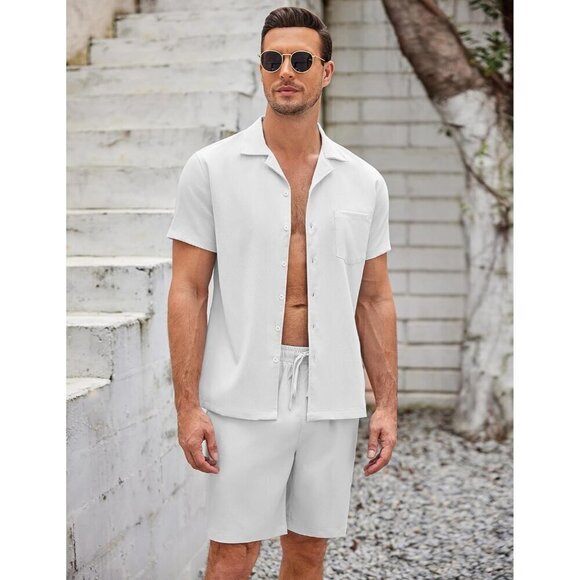 Mens White 2 Piece Casual Beach Outfit Short Sleeve Button Down Shirts Short Set - Picture 3 of 6